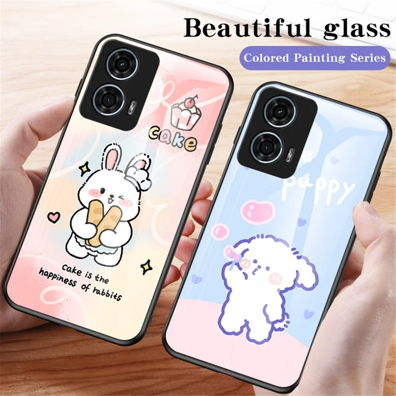 For Motorola Moto G24 Power Case Animal Print Pattern Tempered Glass Protective Cover - Happy Rabbit