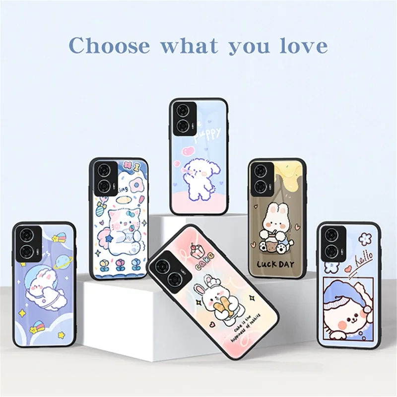 For Motorola Moto G24 Power Case Animal Print Pattern Tempered Glass Protective Cover - Happy Rabbit