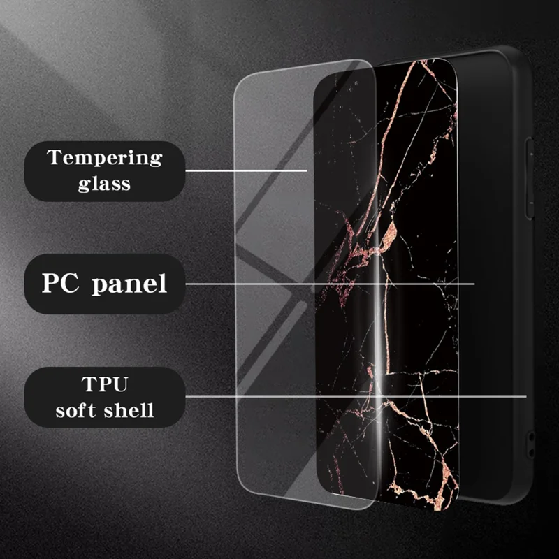 Para Motorola Moto G24 Power Case Vidro Temperado+PC+TPU Padrão de Mármore Capa de Telefone - Mármore Preto