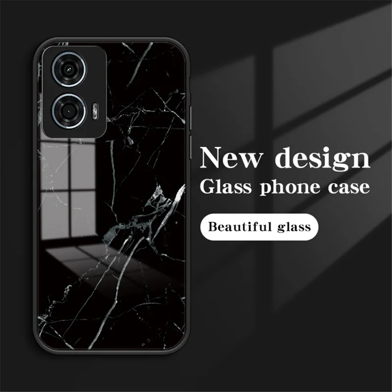 Para Motorola Moto G24 Power Case Vidro Temperado+PC+TPU Padrão de Mármore Capa de Telefone - Mármore Preto