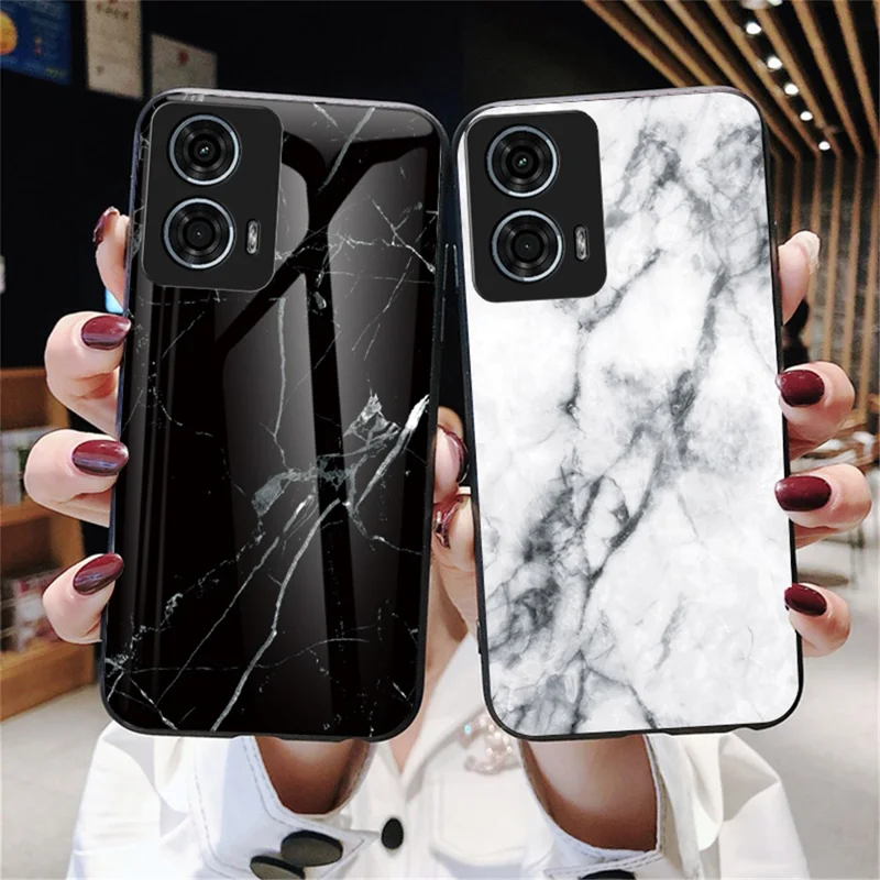 For Motorola Moto G24 Power Case Tempered Glass + PC + TPU Marble Pattern Phone Cover - Emerald Marble