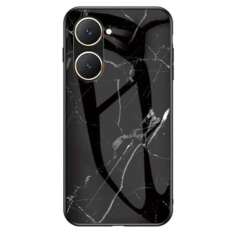 For vivo Y03 Printed Phone Case Tempered Glass+PC Back Cover with TPU Edges - Black Marble