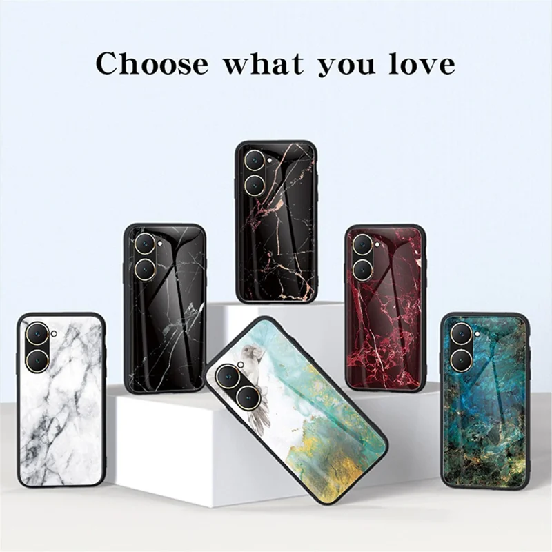 Pour vivo Y03 Étui de téléphone imprimé Verre trempé + Coque arrière en PC avec bords en TPU - Marbre blanc