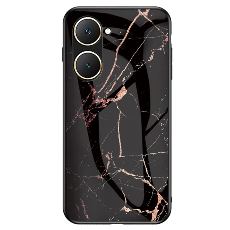 Pour vivo Y03 Étui de téléphone imprimé Verre trempé + Coque PC avec bords en TPU - Marbre noir et or