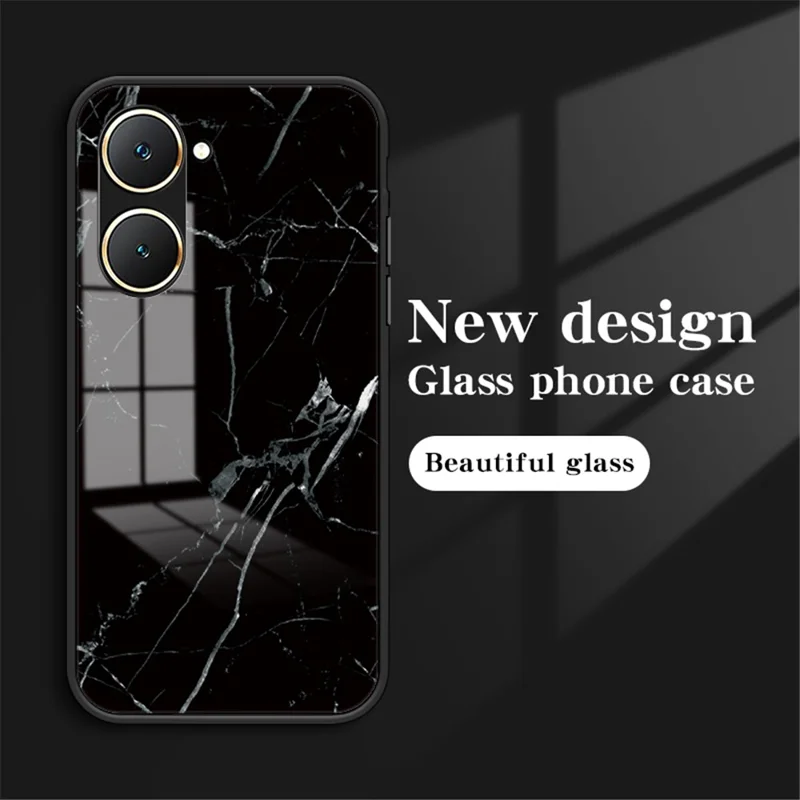 Pour vivo Y03 Étui de téléphone imprimé Verre trempé + Coque PC avec bords en TPU - Marbre noir et or
