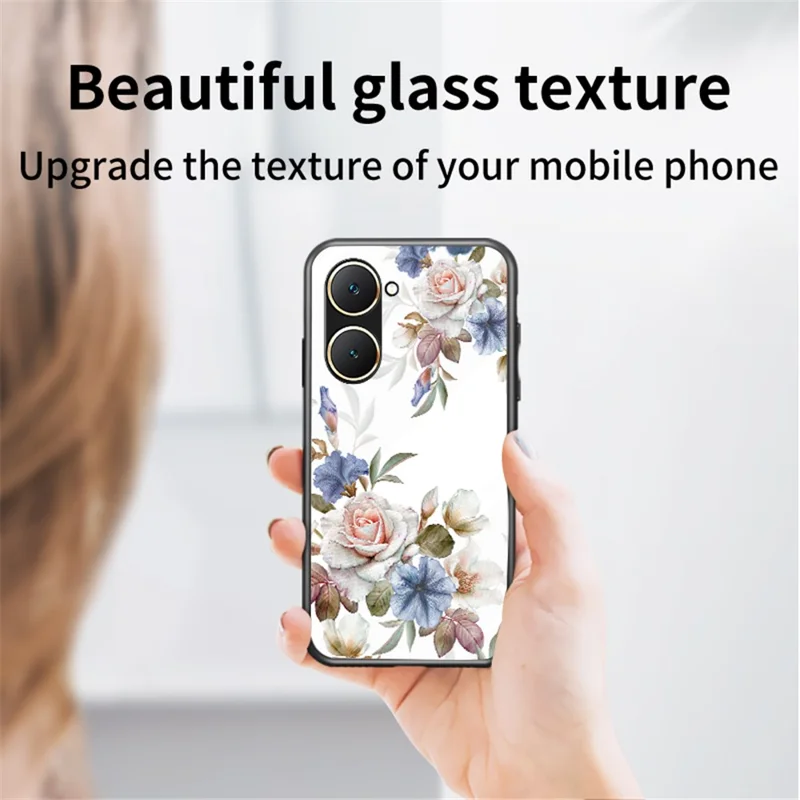 For vivo Y03 Case Tempered Glass Pattern Printing Phone Cover with Ring Kickstand - Glamorous Peony