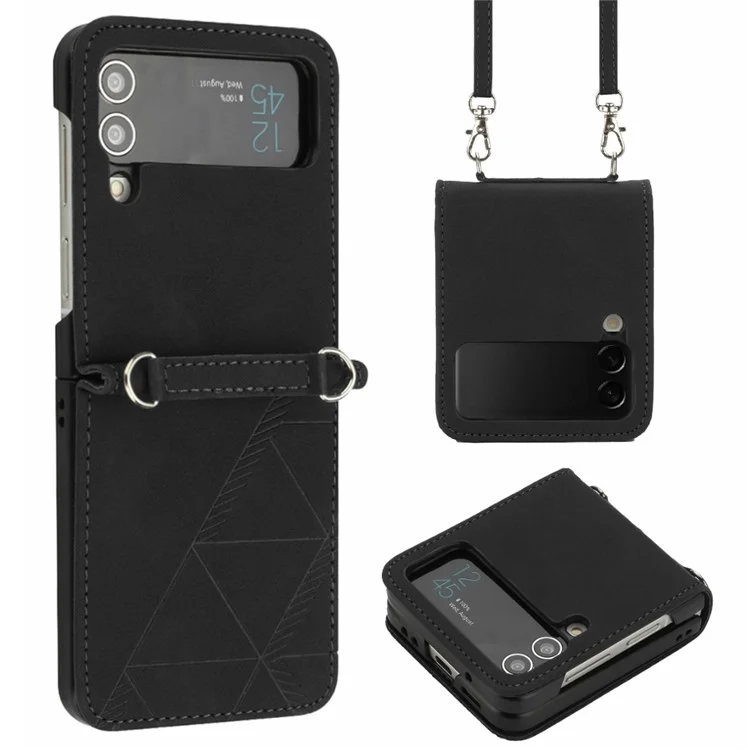Étui de protection anti-chute pour Samsung Galaxy Z Flip3 5G, série YB Imprinting - 2 Style Business PU Cuir Impression Lignes Housse avec Bandoulière - Noir