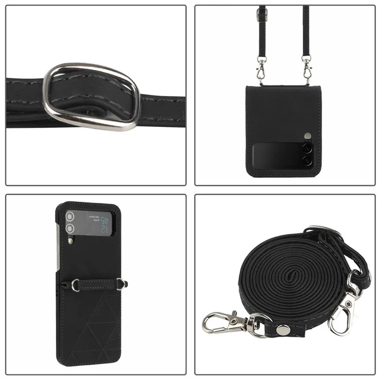 Étui de protection anti-chute pour Samsung Galaxy Z Flip3 5G, série YB Imprinting - 2 Style Business PU Cuir Impression Lignes Housse avec Bandoulière - Noir