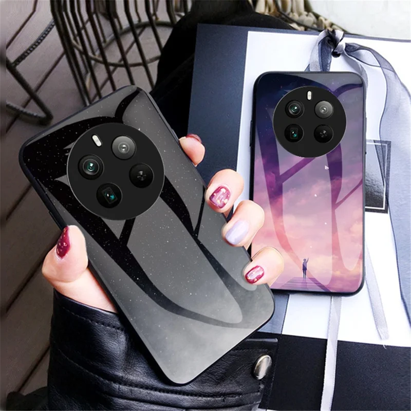 For Realme 12 Pro 5G / 12 Pro+ 5G Case Slim Tempered Glass Phone Cover Starry Sky Pattern Design - Starry Crescent Moon