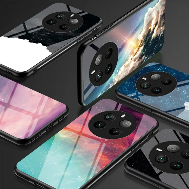 For Realme 12 Pro 5G / 12 Pro+ 5G Case Slim Tempered Glass Phone Cover Starry Sky Pattern Design - Starry Crescent Moon