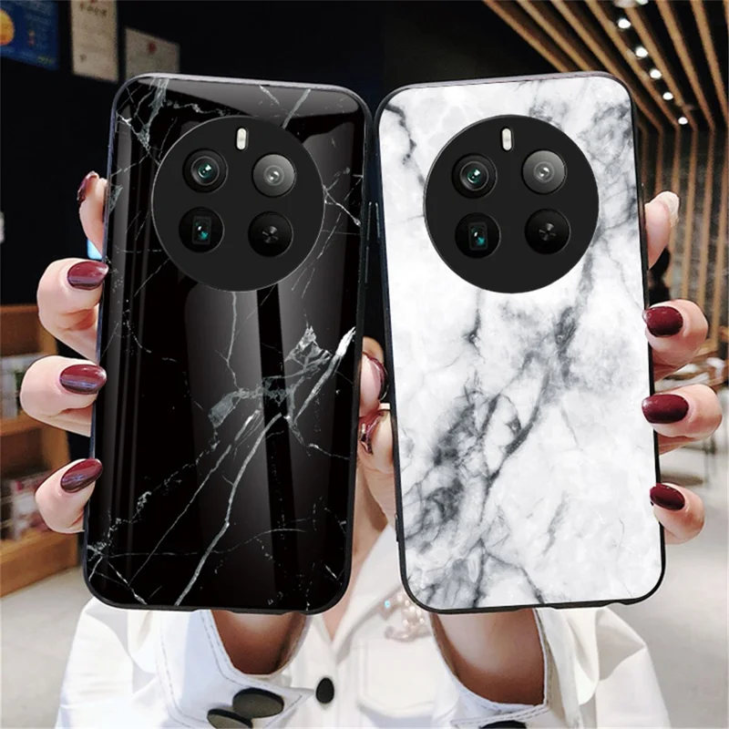 For Realme 12 Pro 5G / 12 Pro+ 5G Tempered Glass Case Marble Pattern Protective Phone Cover - Gold Black Marble