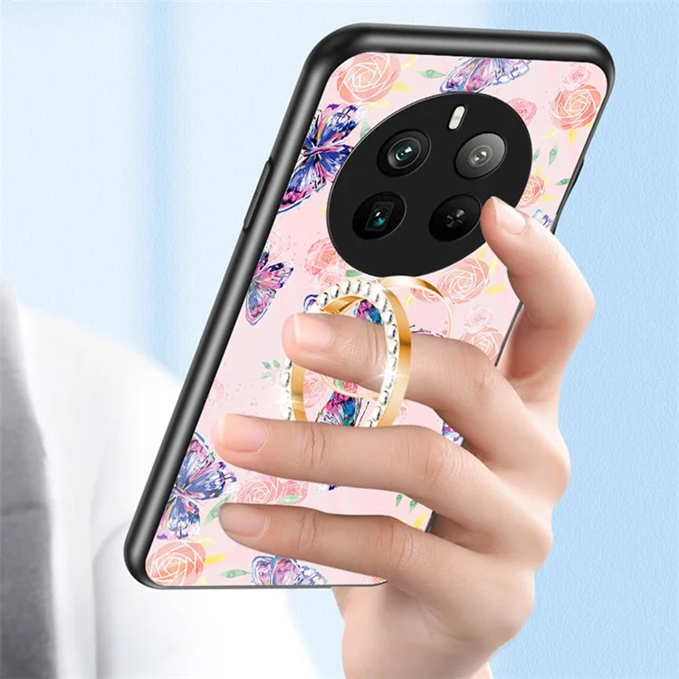 For Realme 12 Pro 5G / 12 Pro+ 5G Kickstand Case Butterfly Series Tempered Glass Phone Cover - Rose Butterfly