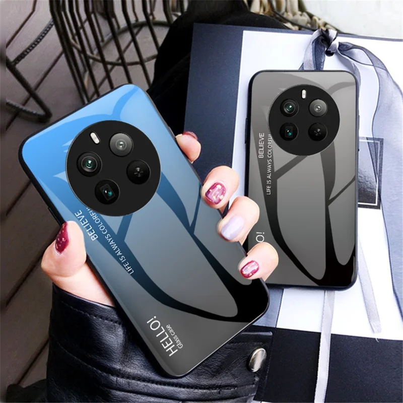 For Realme 12 Pro 5G / 12 Pro+ 5G Case Anti-Drop Tempered Glass Phone Cover - Gradient Black Grey