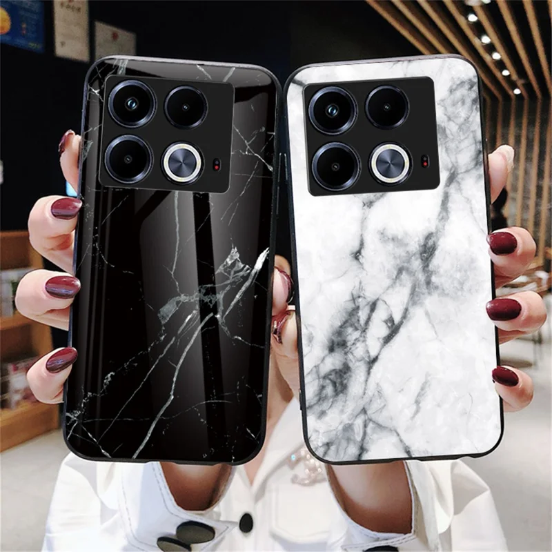 For Infinix Note 40 Tempered Glass Case Marble Pattern Protective Phone Cover - Black Marble
