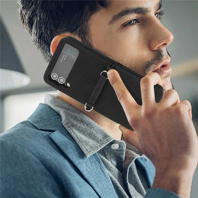 For Samsung Galaxy Z Flip4 5G Leather Case with Hand Strap Wallet Stand Phone Cover - Black