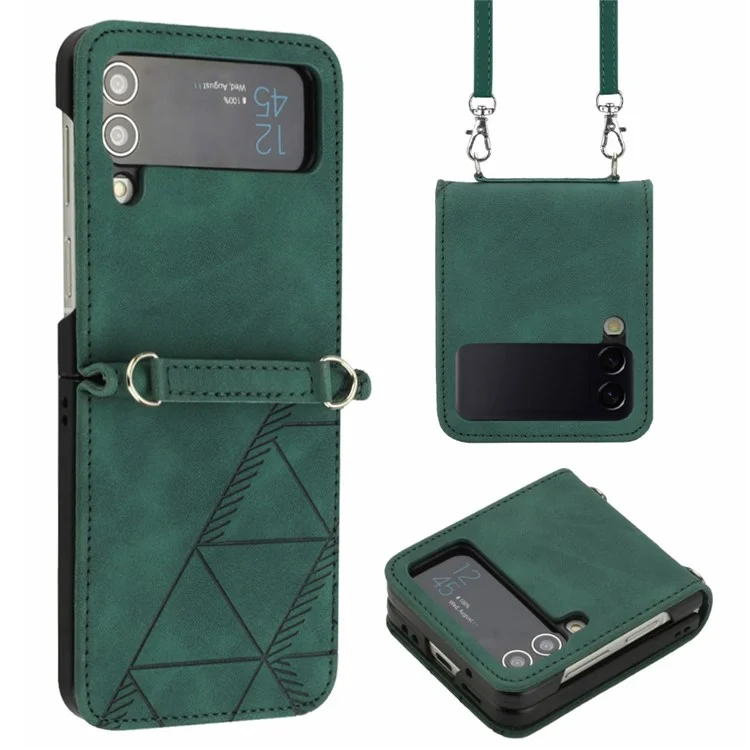 For Samsung Galaxy Z Flip4 5G Leather Case with Shoulder Strap Wallet Stand Phone Cover - Blackish Green