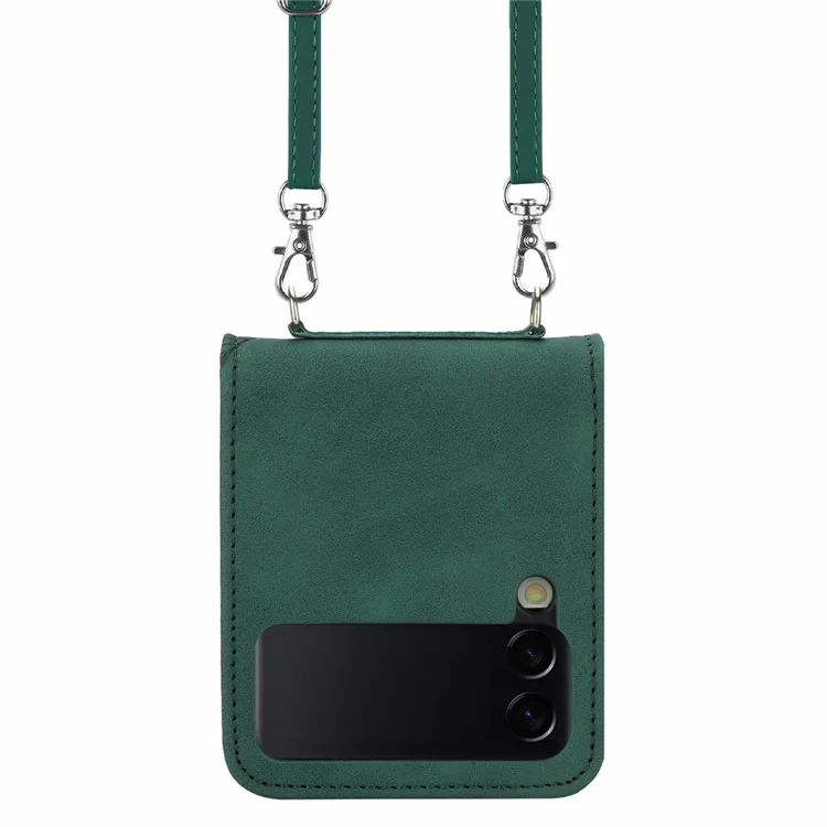 For Samsung Galaxy Z Flip4 5G Leather Case with Shoulder Strap Wallet Stand Phone Cover - Blackish Green