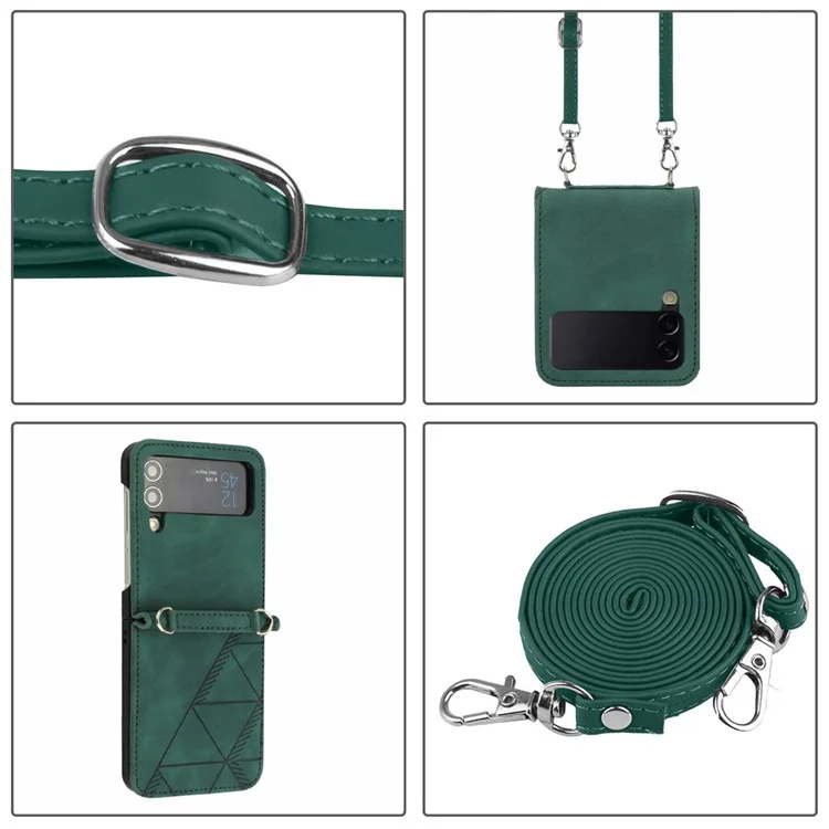 For Samsung Galaxy Z Flip4 5G Leather Case with Shoulder Strap Wallet Stand Phone Cover - Blackish Green