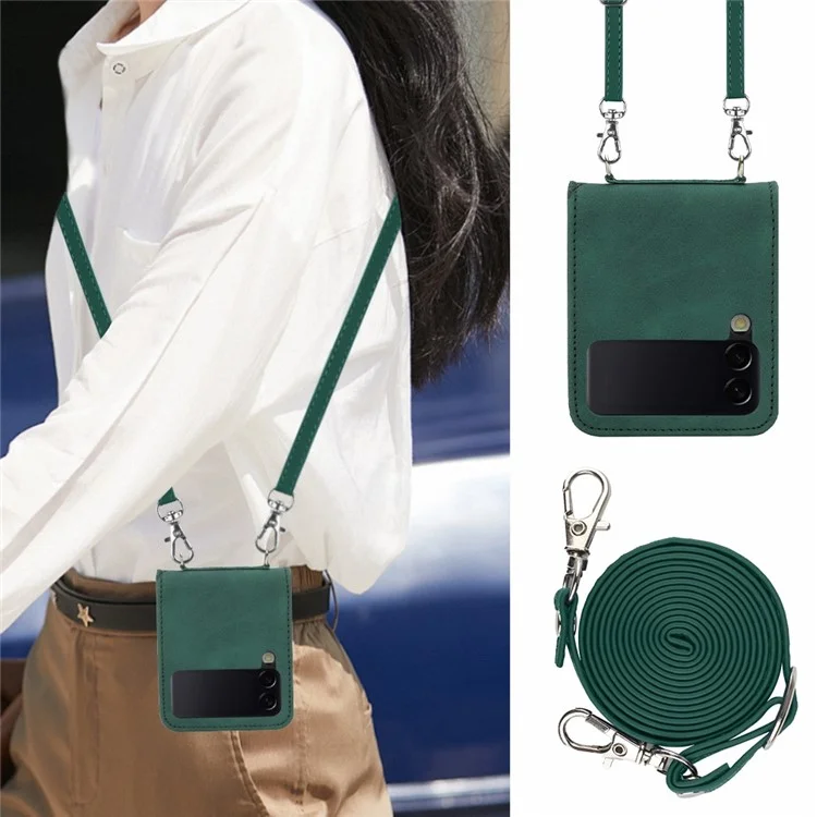 For Samsung Galaxy Z Flip4 5G Leather Case with Shoulder Strap Wallet Stand Phone Cover - Blackish Green