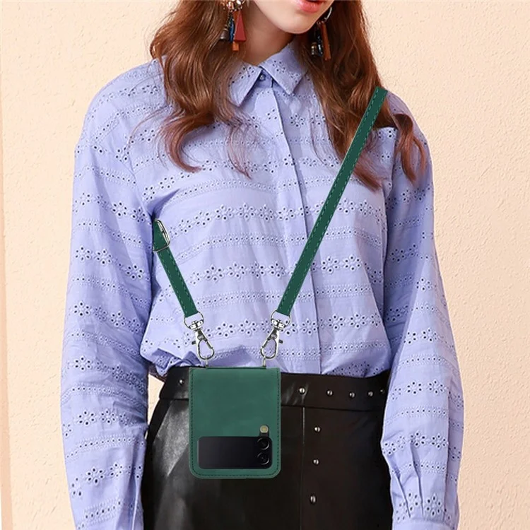 For Samsung Galaxy Z Flip4 5G Leather Case with Shoulder Strap Wallet Stand Phone Cover - Blackish Green