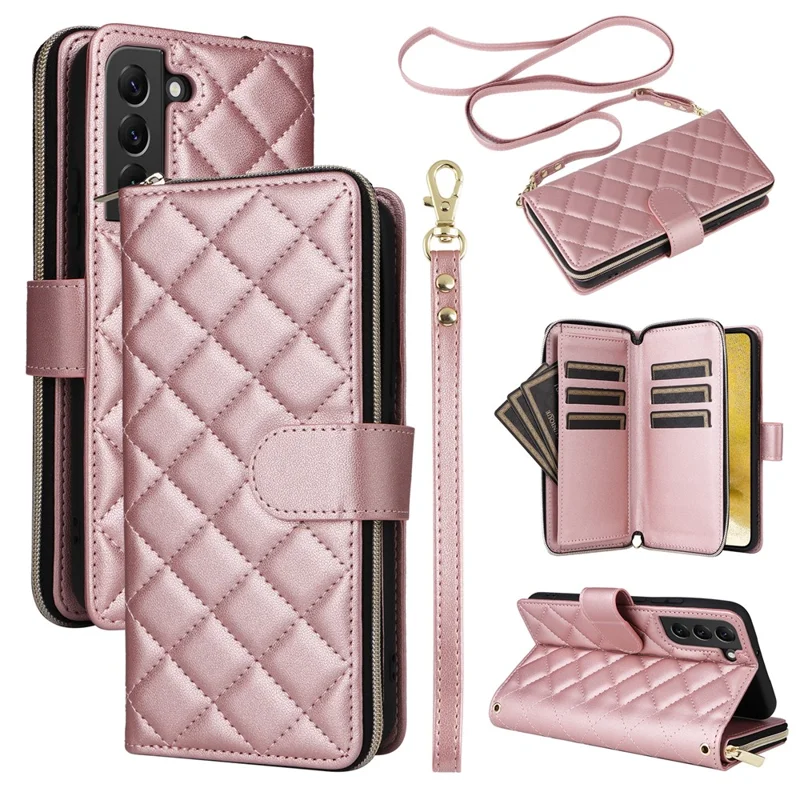 Para Samsung Galaxy S22+ 5G Capa Bolso Zipper Rhombus Capa de Couro para Telefone com Alças - Rose Gold