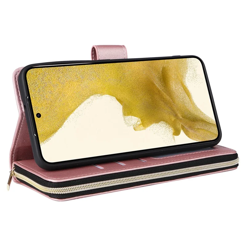 Para Samsung Galaxy S22+ 5G Capa Bolso Zipper Rhombus Capa de Couro para Telefone com Alças - Rose Gold