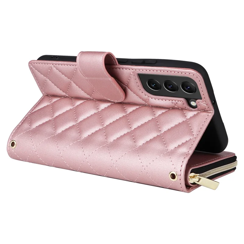 Para Samsung Galaxy S22+ 5G Capa Bolso Zipper Rhombus Capa de Couro para Telefone com Alças - Rose Gold