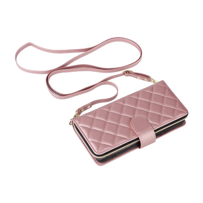 Para Samsung Galaxy S22+ 5G Capa Bolso Zipper Rhombus Capa de Couro para Telefone com Alças - Rose Gold