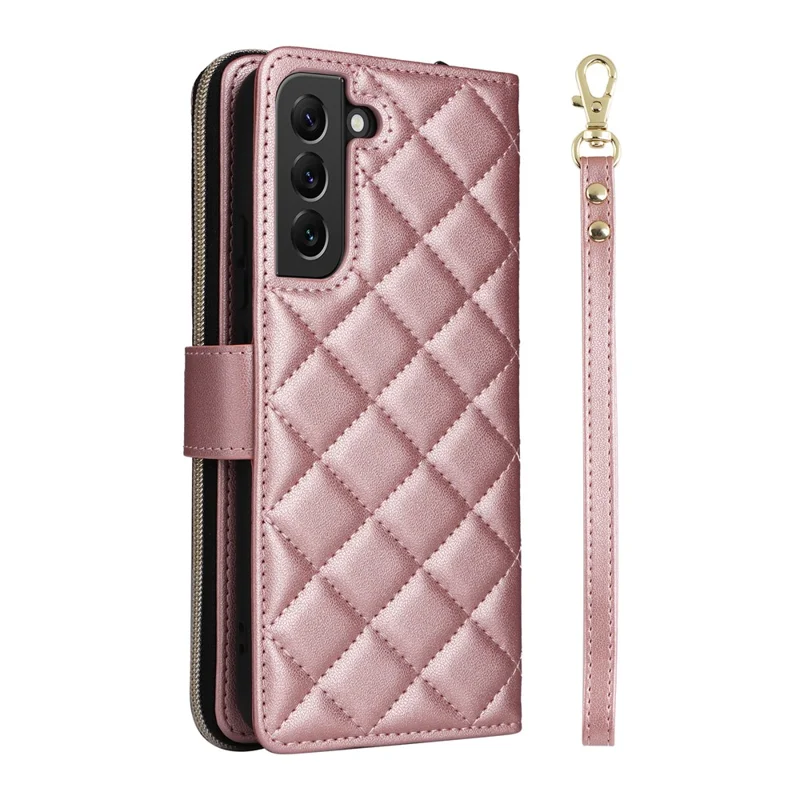 Para Samsung Galaxy S22+ 5G Capa Bolso Zipper Rhombus Capa de Couro para Telefone com Alças - Rose Gold