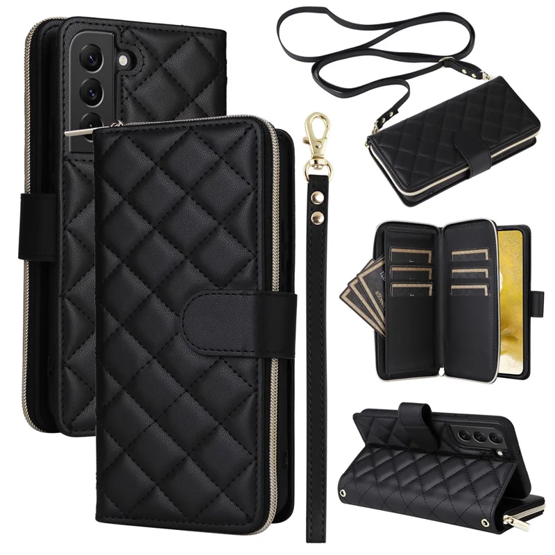 Pour Samsung Galaxy S22+ 5G Etui Rhombus Zipper Pocket Leather Phone Cover with Straps - Noir