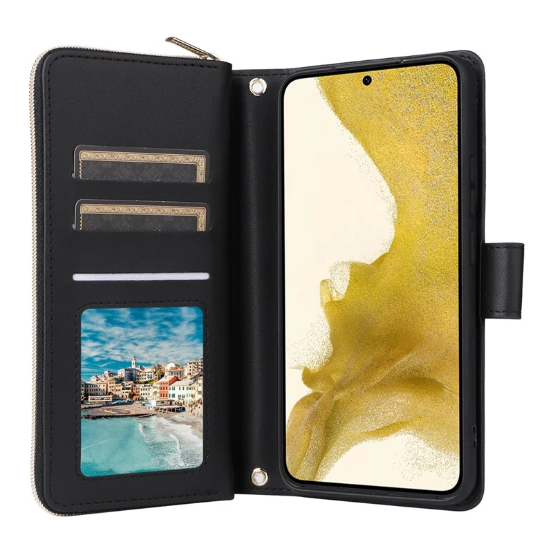 Pour Samsung Galaxy S22+ 5G Etui Rhombus Zipper Pocket Leather Phone Cover with Straps - Noir