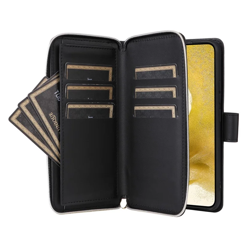 Pour Samsung Galaxy S22+ 5G Etui Rhombus Zipper Pocket Leather Phone Cover with Straps - Noir