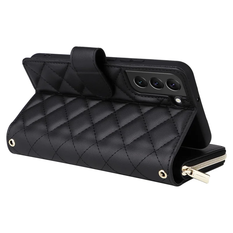 Pour Samsung Galaxy S22+ 5G Etui Rhombus Zipper Pocket Leather Phone Cover with Straps - Noir