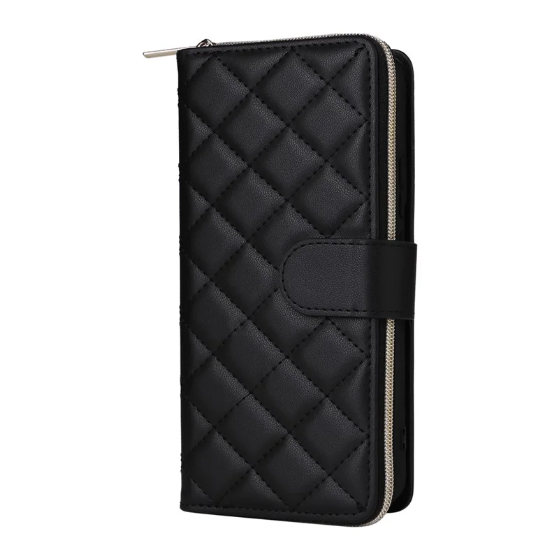 Pour Samsung Galaxy S22+ 5G Etui Rhombus Zipper Pocket Leather Phone Cover with Straps - Noir