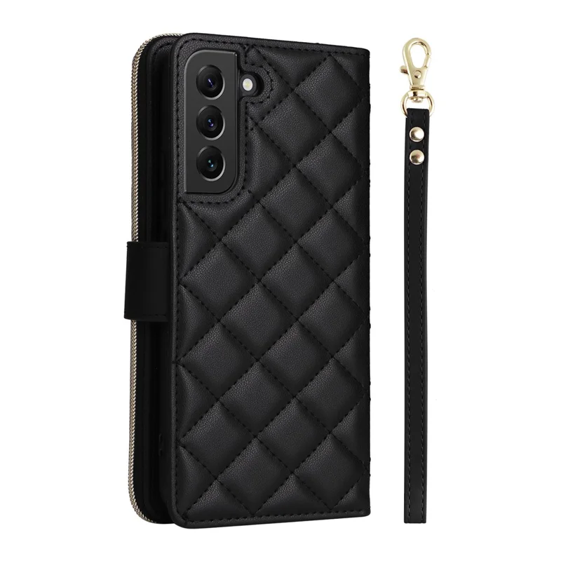 Pour Samsung Galaxy S22+ 5G Etui Rhombus Zipper Pocket Leather Phone Cover with Straps - Noir