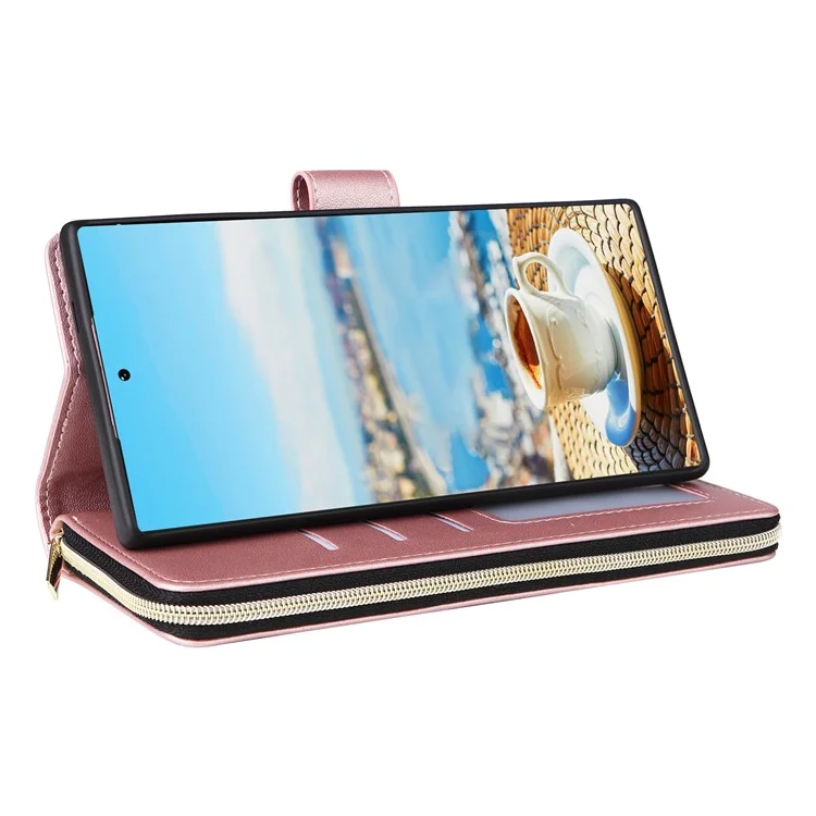 Pour Samsung Galaxy S22 Ultra 5G Case Rhombus Grid Leather Phone Cover avec Zipper Pocket - Rose Gold