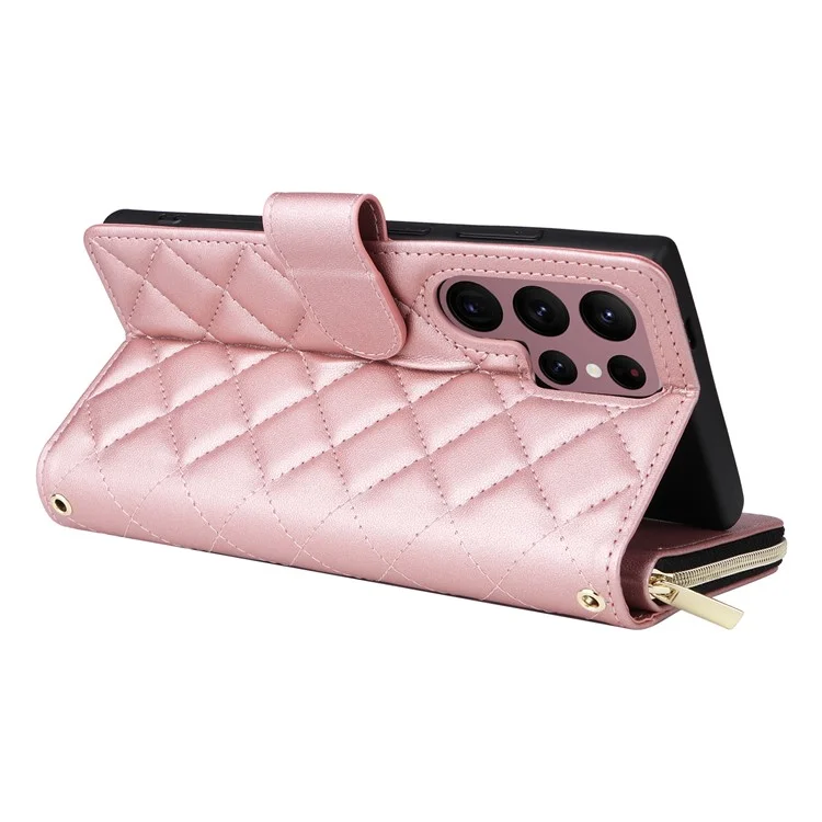 Pour Samsung Galaxy S22 Ultra 5G Case Rhombus Grid Leather Phone Cover avec Zipper Pocket - Rose Gold