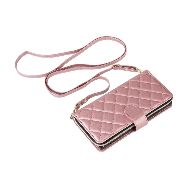 Pour Samsung Galaxy S22 Ultra 5G Case Rhombus Grid Leather Phone Cover avec Zipper Pocket - Rose Gold