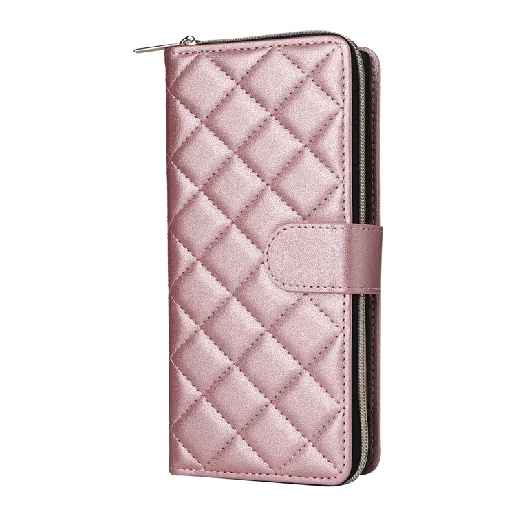 Pour Samsung Galaxy S22 Ultra 5G Case Rhombus Grid Leather Phone Cover avec Zipper Pocket - Rose Gold