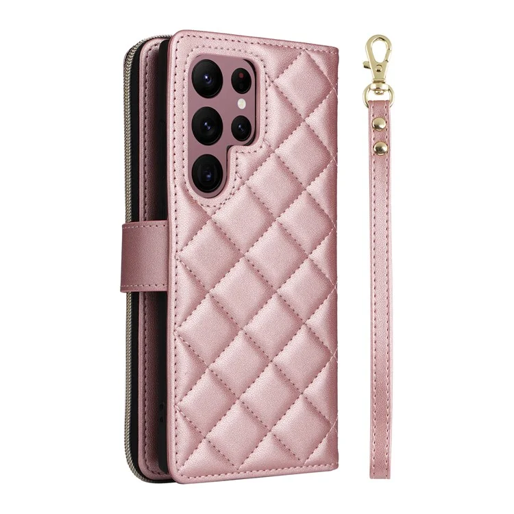 Pour Samsung Galaxy S22 Ultra 5G Case Rhombus Grid Leather Phone Cover avec Zipper Pocket - Rose Gold