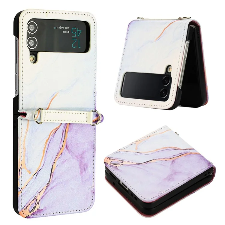 Muster-Druck-Leder-Serie-5 Handy-Case für Samsung Galaxy Z Flip4 5G Anti-Drop-Marmormuster PU-Leder + PC Handy-Hülle - Weiß / Lila LS006