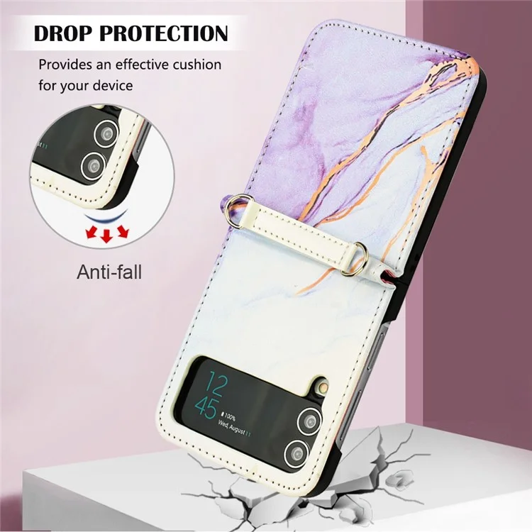 Muster-Druck-Leder-Serie-5 Handy-Case für Samsung Galaxy Z Flip4 5G Anti-Drop-Marmormuster PU-Leder + PC Handy-Hülle - Weiß / Lila LS006