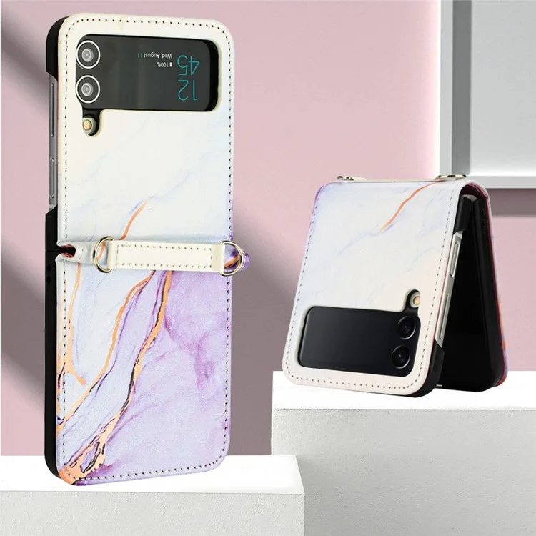 Muster-Druck-Leder-Serie-5 Handy-Case für Samsung Galaxy Z Flip4 5G Anti-Drop-Marmormuster PU-Leder + PC Handy-Hülle - Weiß / Lila LS006