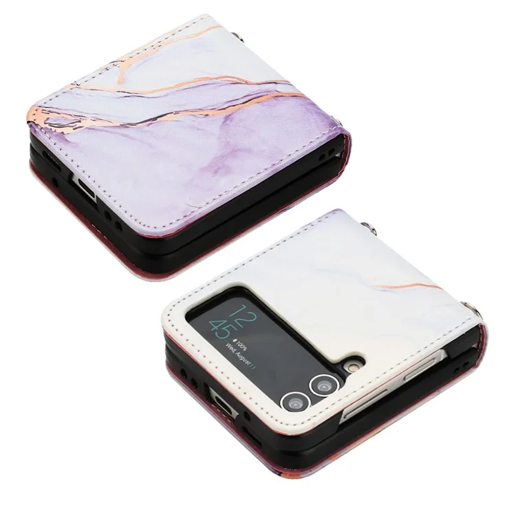 Muster-Druck-Leder-Serie-5 Handy-Case für Samsung Galaxy Z Flip4 5G Anti-Drop-Marmormuster PU-Leder + PC Handy-Hülle - Weiß / Lila LS006