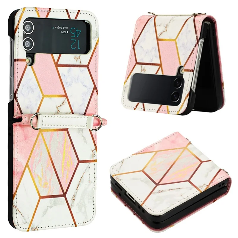 Pattern Printing Leather Series-5 Phone Case for Samsung Galaxy Z Flip4 5G Anti-drop Marble Pattern PU Leather + PC Phone Cover - Pink  /  White LS002