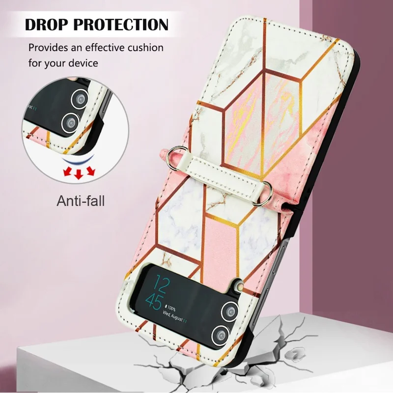Pattern Printing Leather Series-5 Phone Case for Samsung Galaxy Z Flip4 5G Anti-drop Marble Pattern PU Leather + PC Phone Cover - Pink  /  White LS002