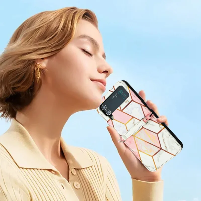Pattern Printing Leather Series-5 Phone Case for Samsung Galaxy Z Flip4 5G Anti-drop Marble Pattern PU Leather + PC Phone Cover - Pink  /  White LS002