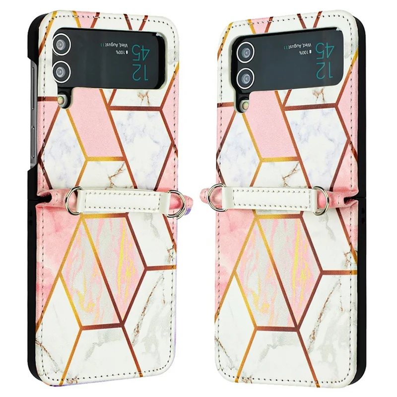 Pattern Printing Leather Series-5 Phone Case for Samsung Galaxy Z Flip4 5G Anti-drop Marble Pattern PU Leather + PC Phone Cover - Pink  /  White LS002