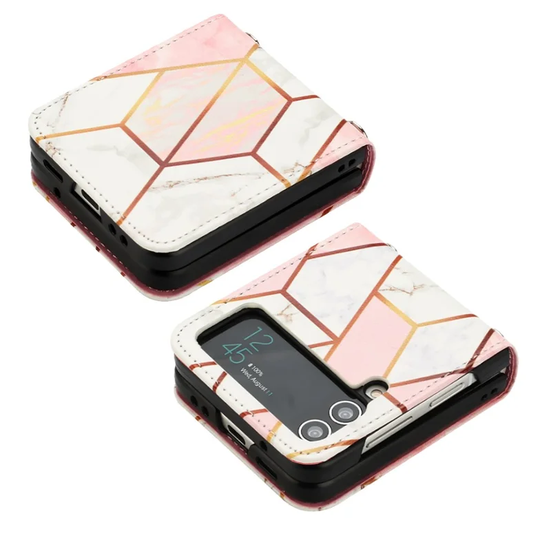 Pattern Printing Leather Series-5 Phone Case for Samsung Galaxy Z Flip4 5G Anti-drop Marble Pattern PU Leather + PC Phone Cover - Pink  /  White LS002