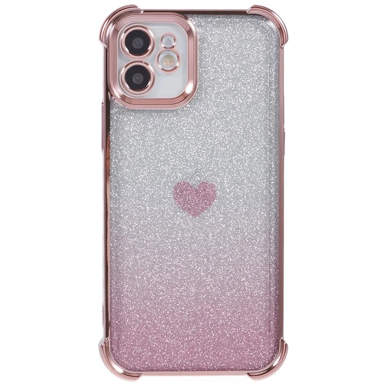 For iPhone 12 Case Heart Pattern TPU Glitter Phone Cover Four Corners Air Cushion - Pink